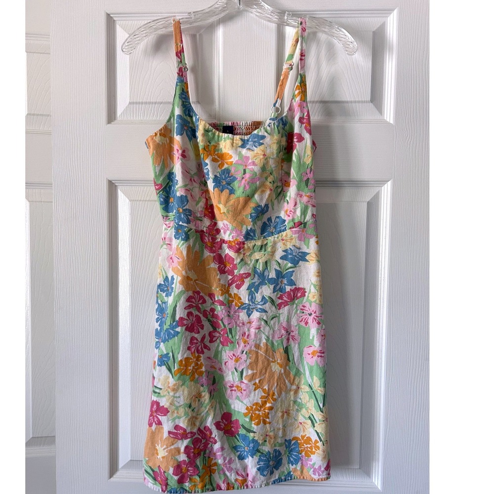 Old Navy Floral Linen Blend Sundress Women Multicolor Smocked Back S
